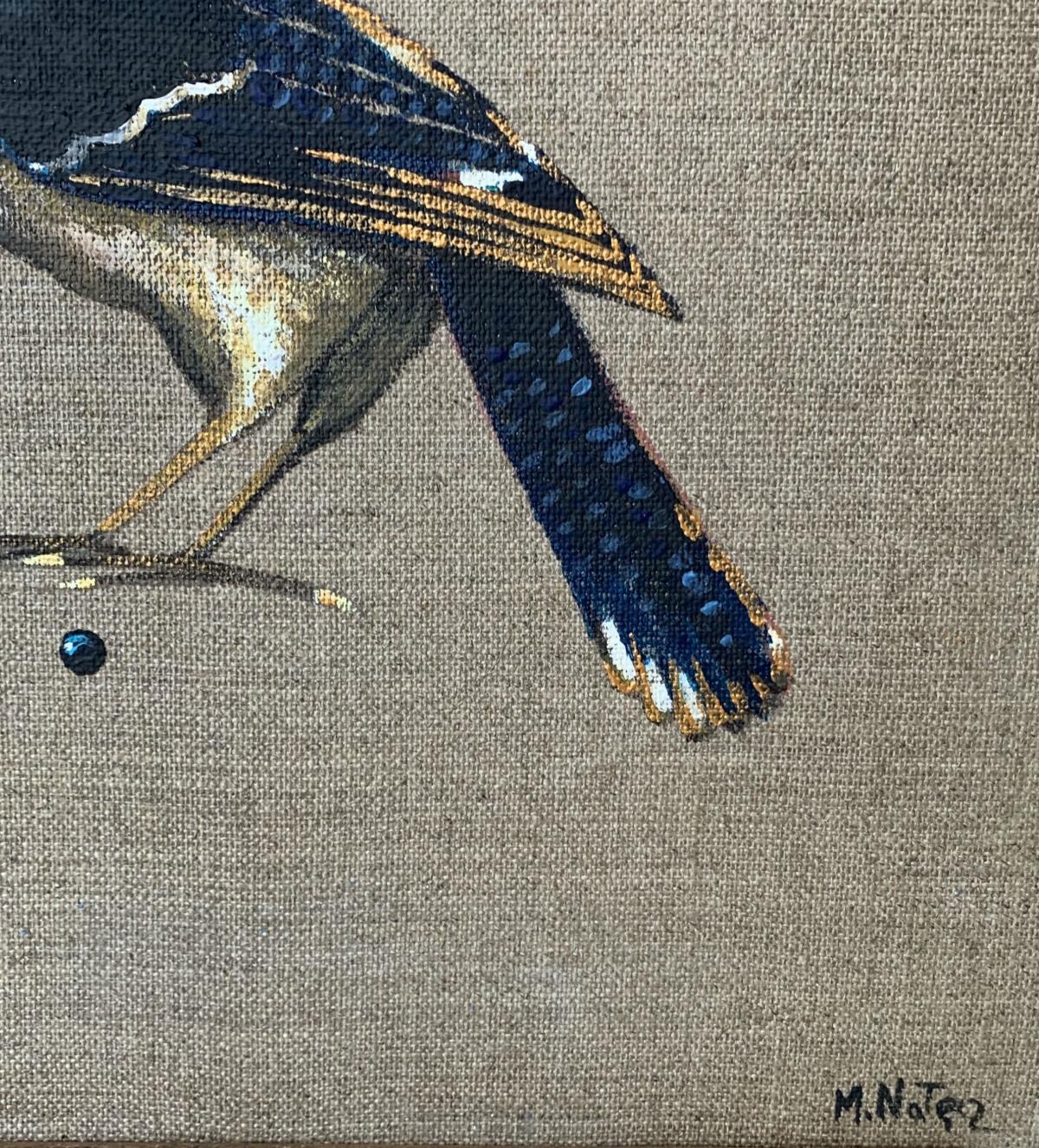 Ohne Titel - Figuratives Acrylgemälde, Vögel, Realistisch, lebhafte Farben (Grau), Animal Painting, von Magdalena Nałęcz