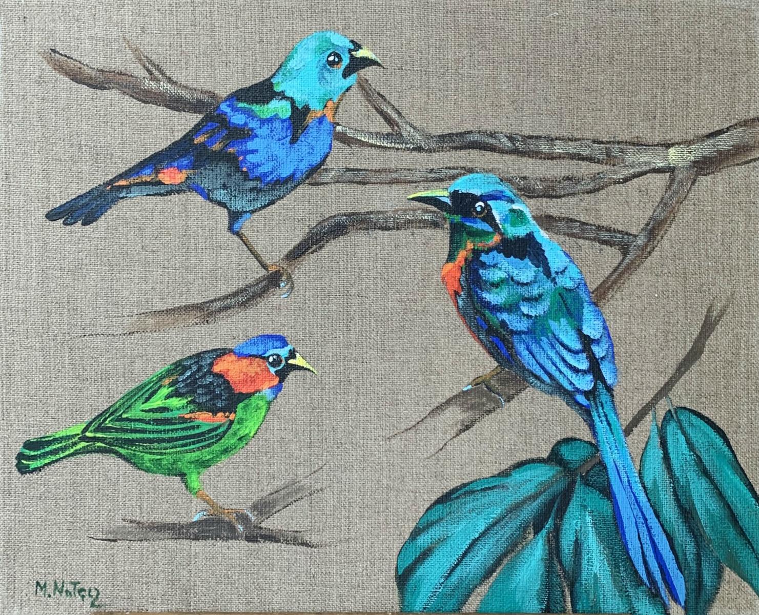 Gardens of delight 12 - Figurative painting, Birds, Realistic, Vibrant colors