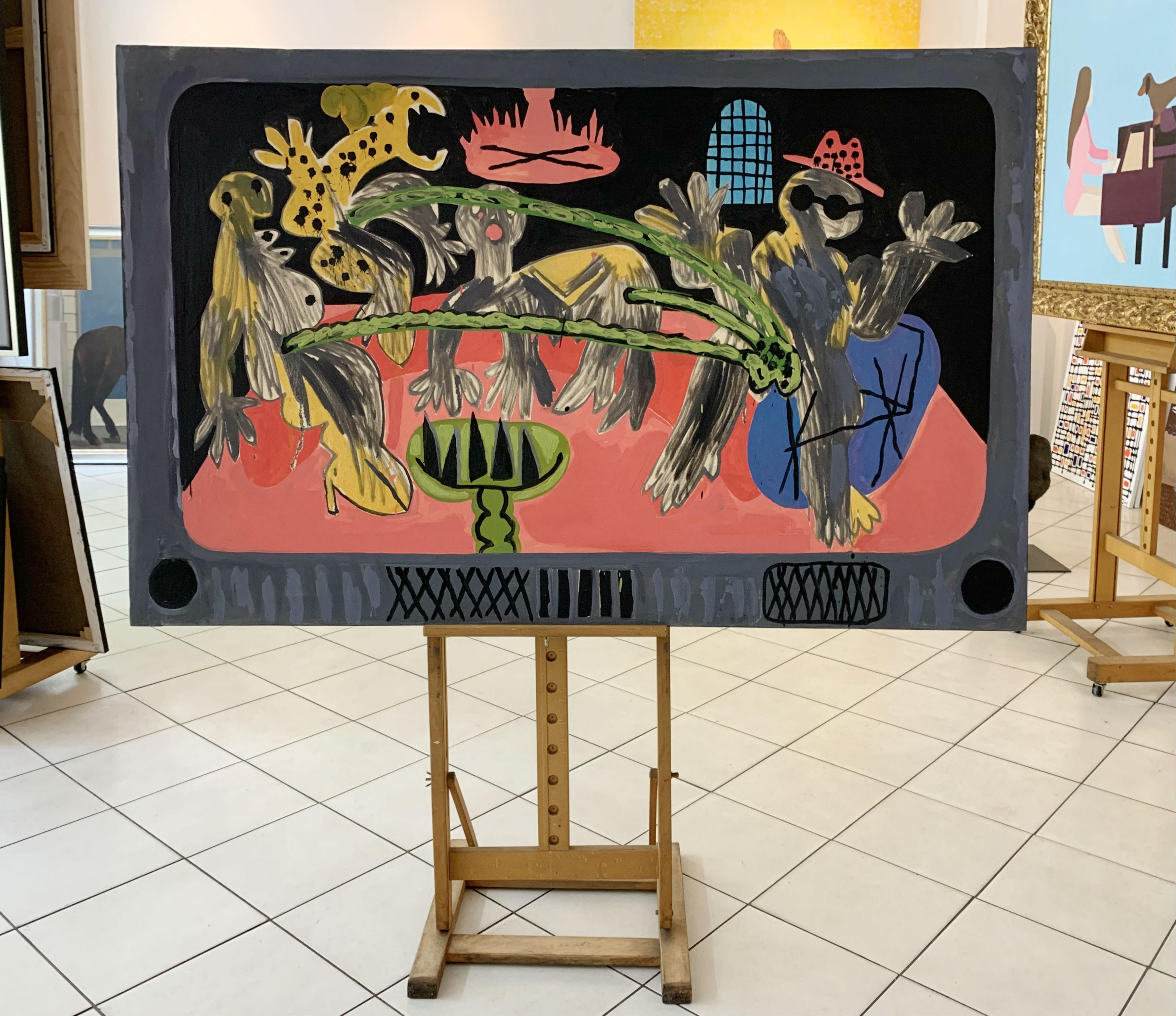 Breakfast TV - XXIe siècle, peinture figurative abstraite, colorée - Painting de Dawid Polony