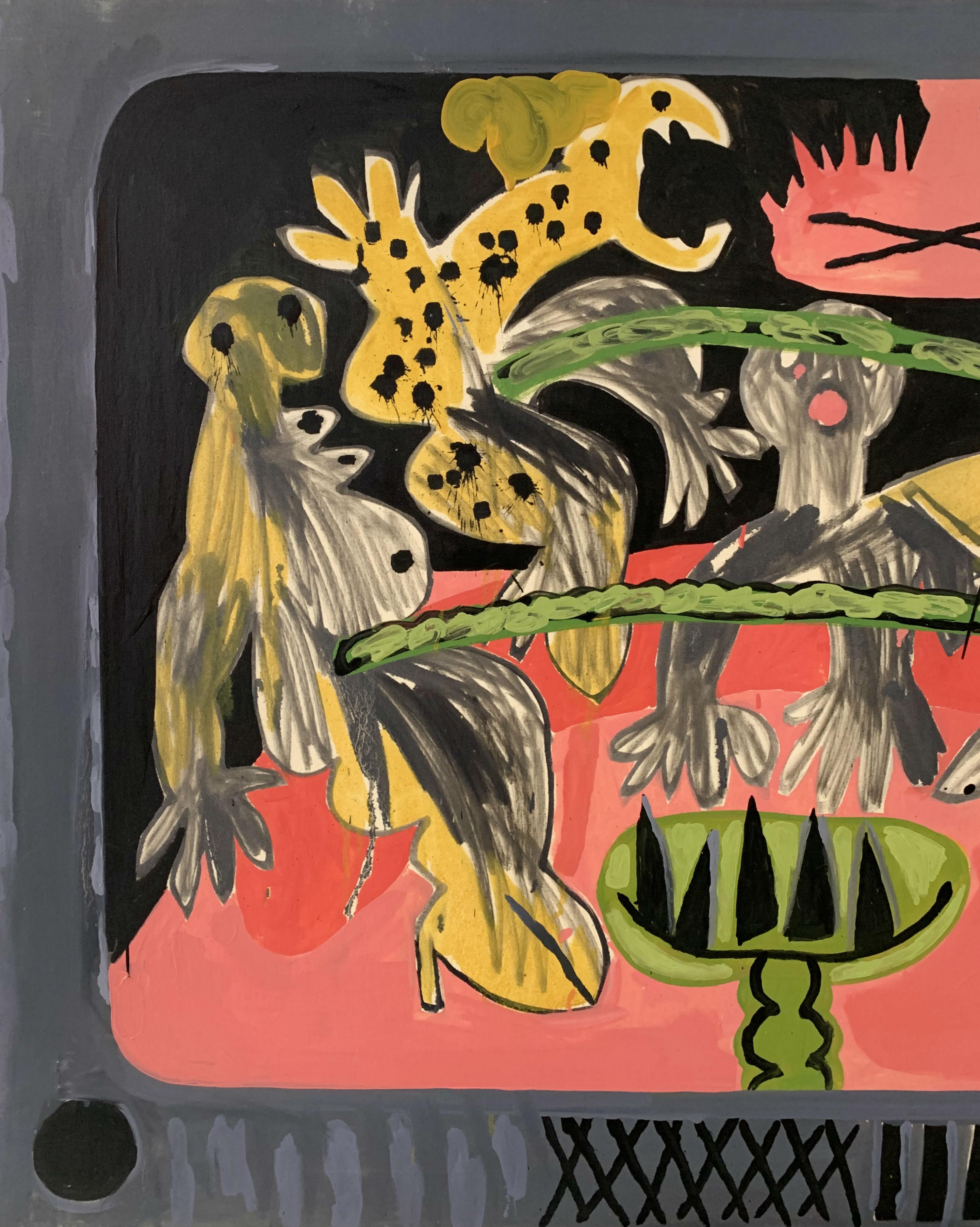 Breakfast TV - XXIe siècle, peinture figurative abstraite, colorée - Contemporain Painting par Dawid Polony