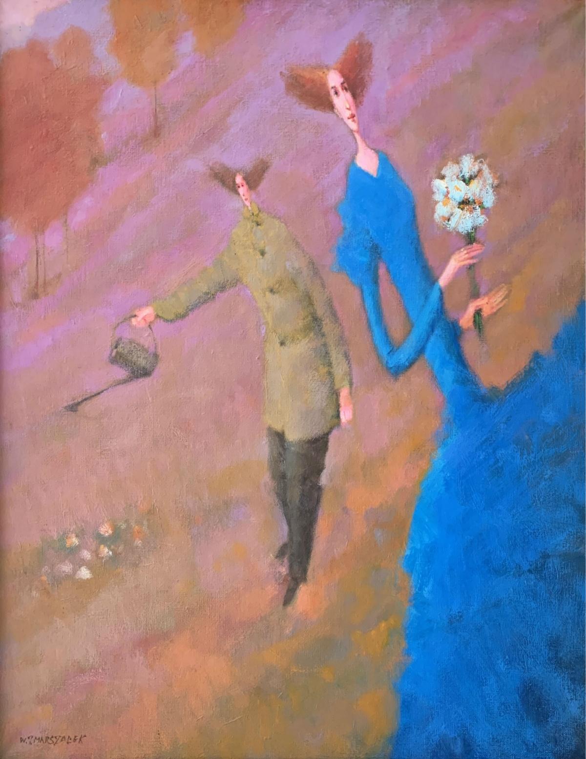 Waldemar Marszałek Figurative Painting - A gardener - XXI century, Contemporary Figurative Oil Painting, Blue red pink