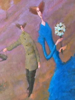 A gardener - XXI century, Contemporary Figurative Oil Painting, Blue red pink