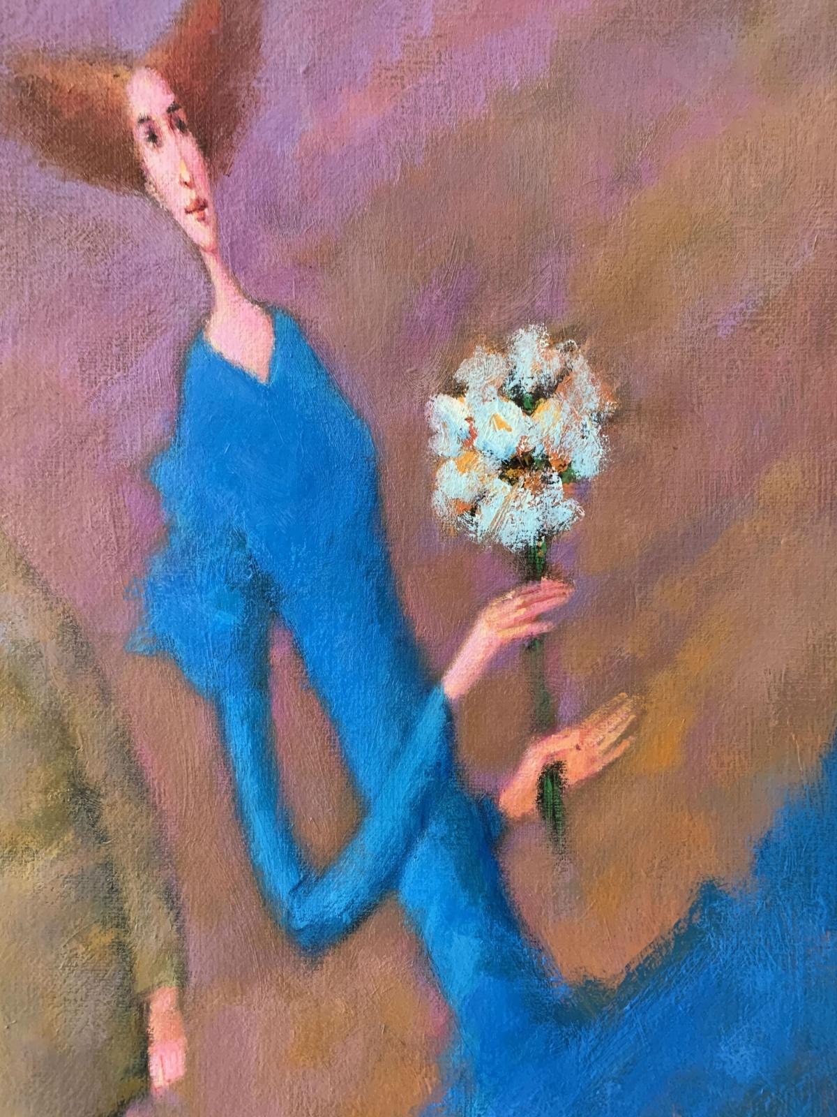 A gardener - XXI century, Contemporary Figurative Oil Painting, Blue red pink 2