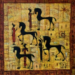 Taming of wild horses - XXI Century, Contemporary Acrylic Painting, Black yellow