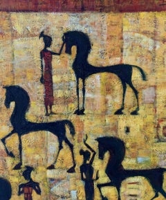Taming of wild horses - XXI Century, Contemporary Acrylic Painting, Black yellow