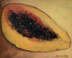 Lying papaya - Contemporary figurative oil painting, warm tones, still life