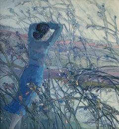 Violet thoughts  - XXI century, Oil figurative painting, Landscape Female figure