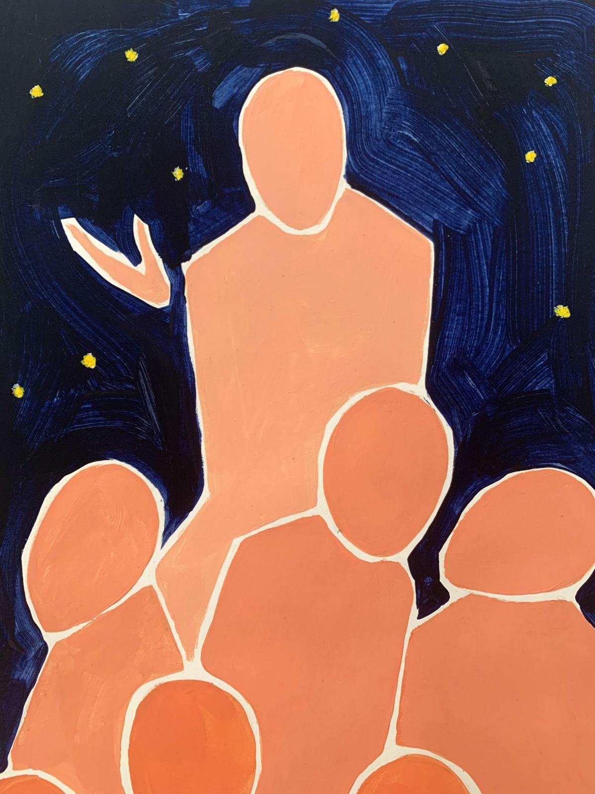 Prophet – figuratives Acrylgemälde auf Papier, junge Kunst, Minimalismus, lebendig  (Orange), Figurative Painting, von Waleria Matelska