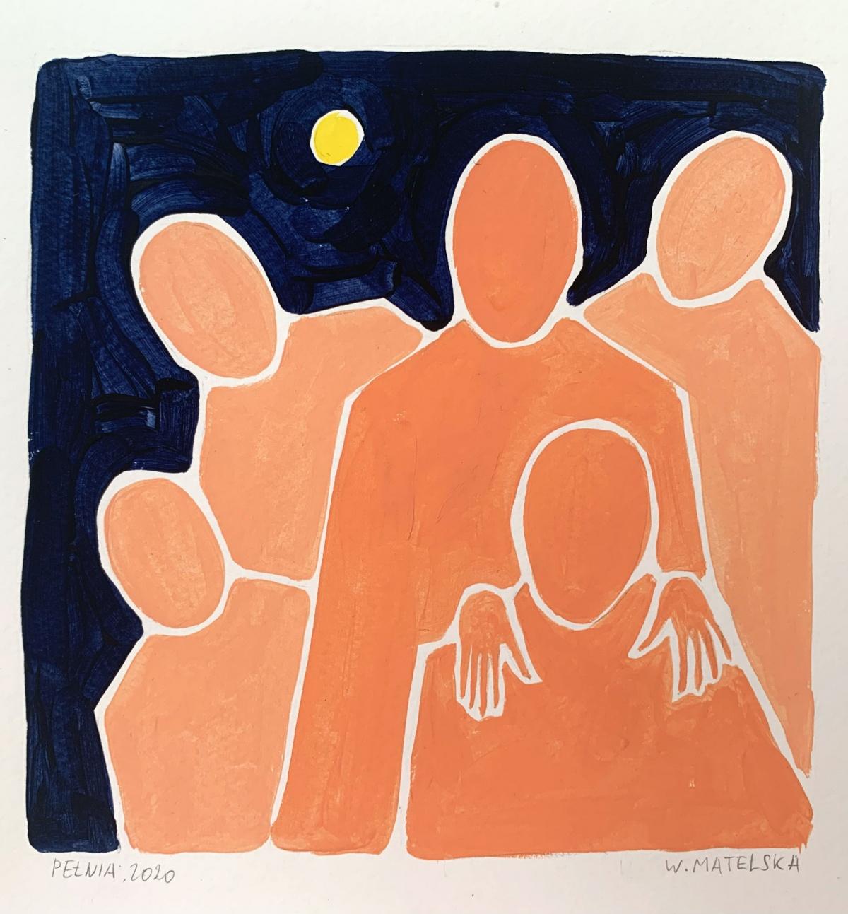 Luna piena - Pittura acrilica figurativa su carta, Arte giovane, Minimalismo, Vibrante - Abstract Painting Arancia di Waleria Matelska