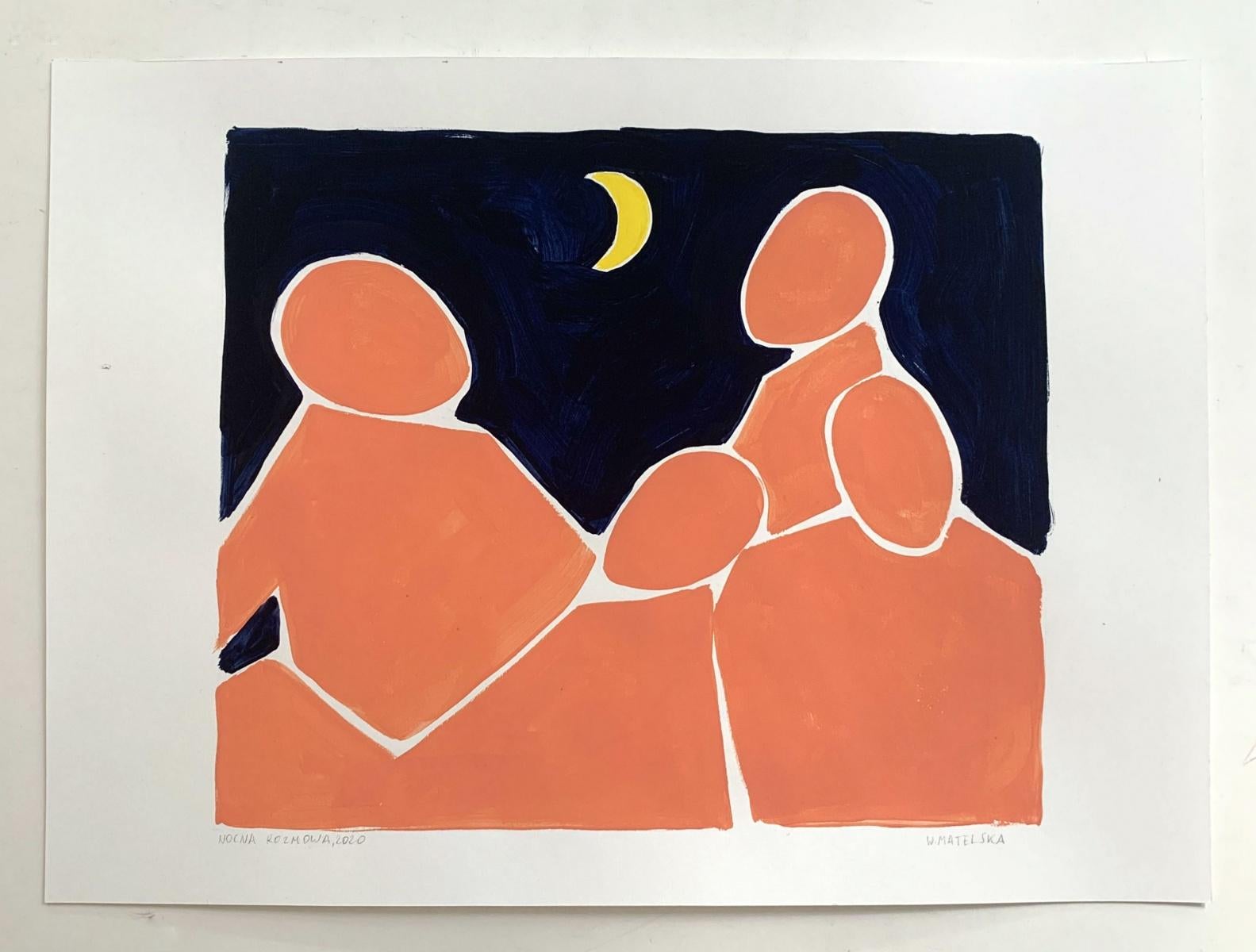 Night conversation - Figurative Acrylic Painting on Paper, Young art, Minimalism - Orange Figurative Painting by Waleria Matelska