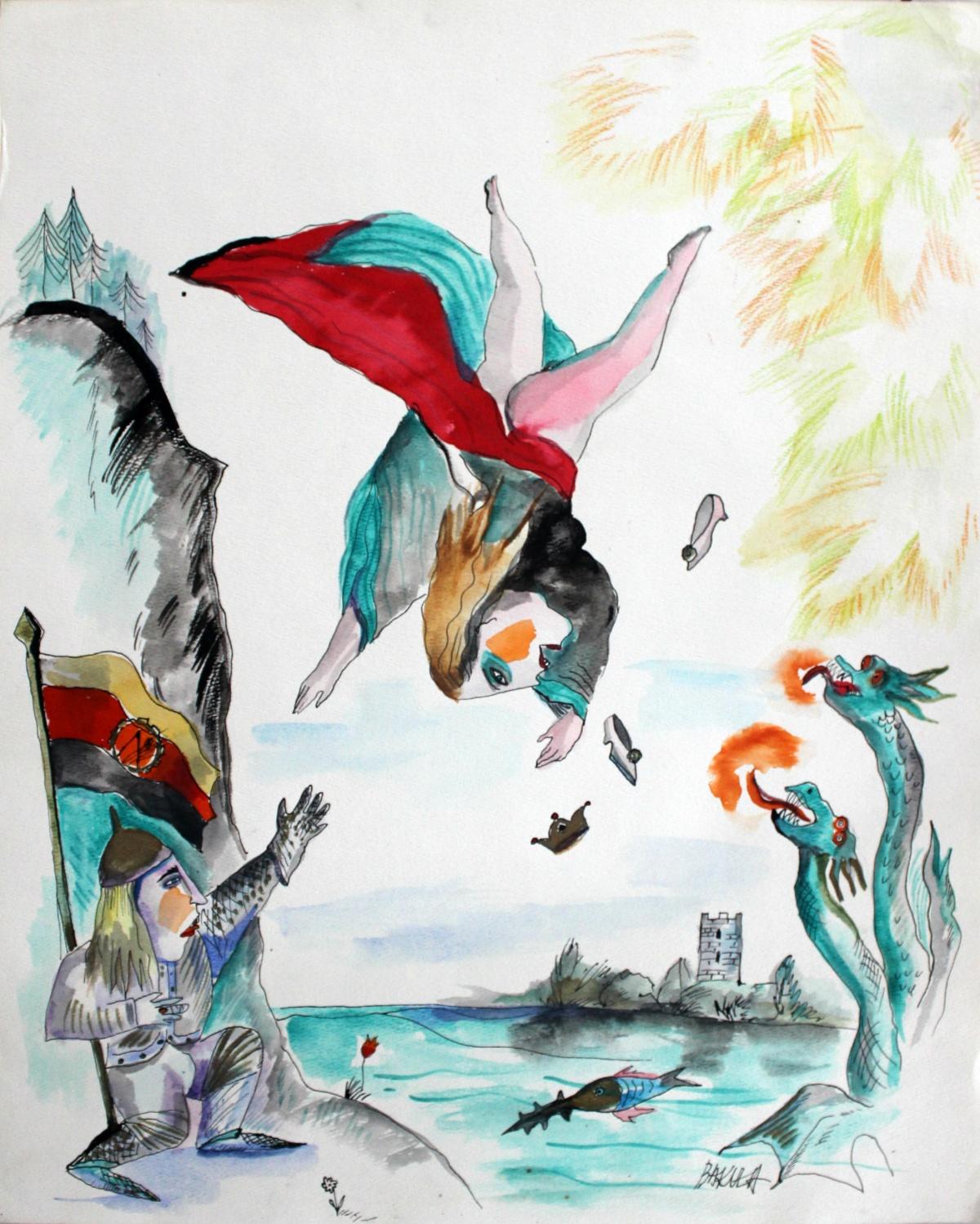 Figurative Art Hanna Bakuła - « Fighting the dragons », XXIe siècle, aquarelle figurative et colorée