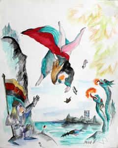 « Fighting the dragons », XXIe siècle, aquarelle figurative et colorée