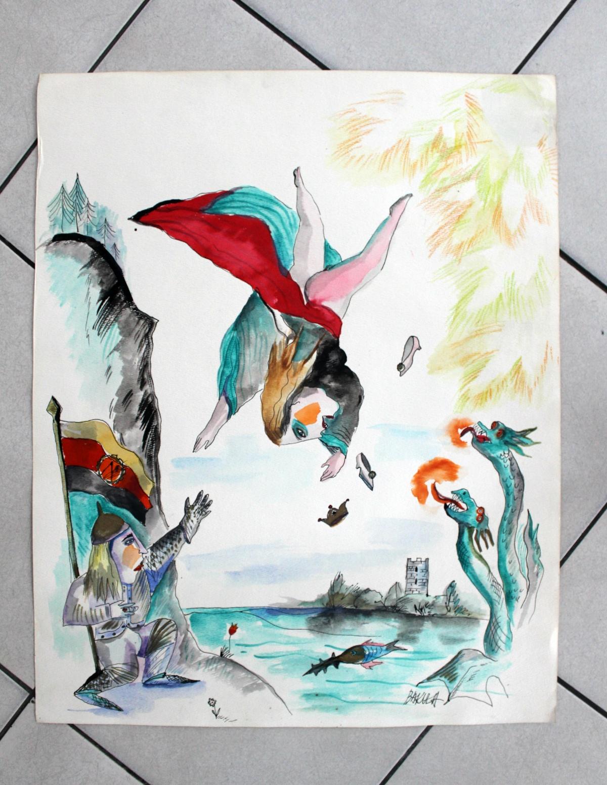 « Fighting the dragons », XXIe siècle, aquarelle figurative et colorée - Art de Hanna Bakuła