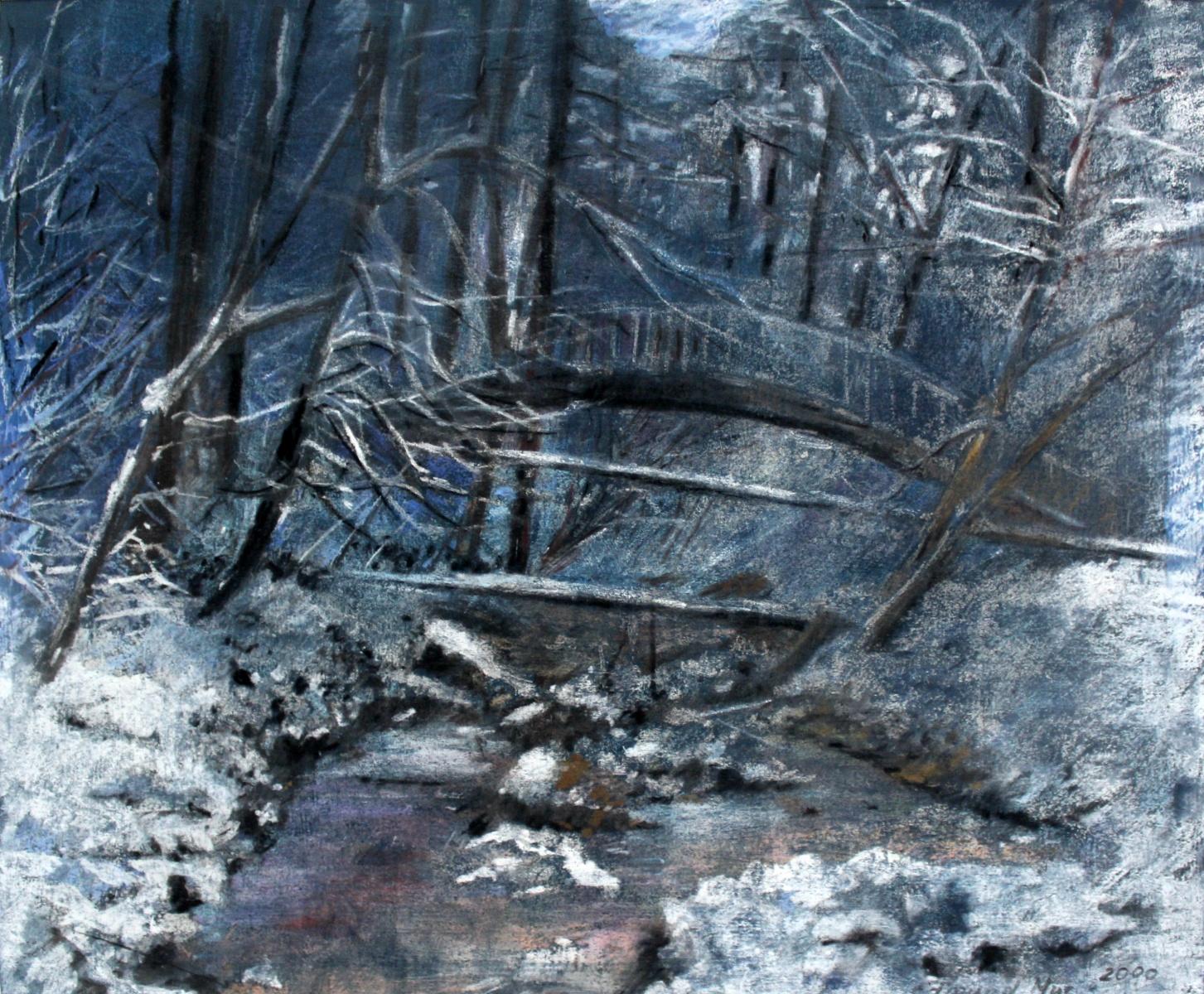Winter landscape - XX century, Pastel figurative, Blue tones, Realism