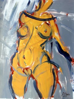 Nude - XXI century, Mixed media, Acrylic painting, Yellow & grey, Vibrant colors