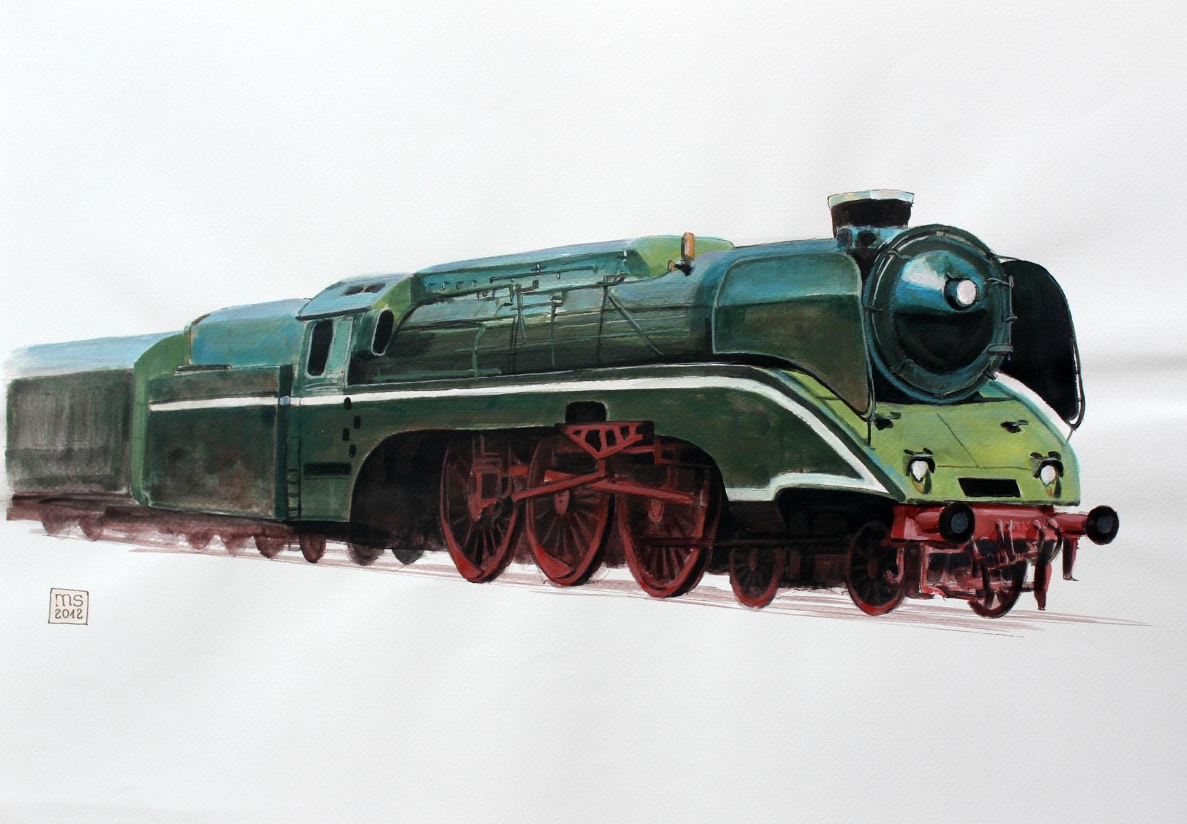 A locomotive - Contemporary Watercolor & Ink Painting, Realistic Train