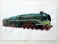 Una locomotiva - Pittura contemporanea ad acquerello e inchiostro, Treno realistico