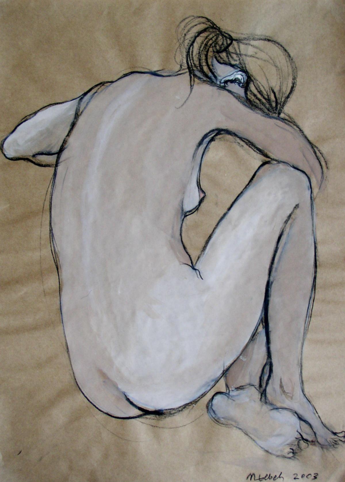 Nude – 21. Jahrhundert, figurative Zeichnung in Gouache und Holzkohle, Schwarz und Weiß