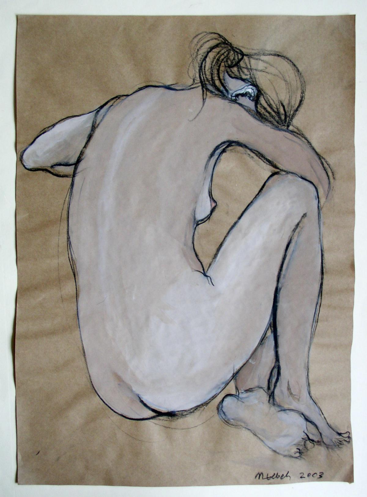 Nude – 21. Jahrhundert, figurative Zeichnung in Gouache und Holzkohle, Schwarz und Weiß – Art von Marta Łebek