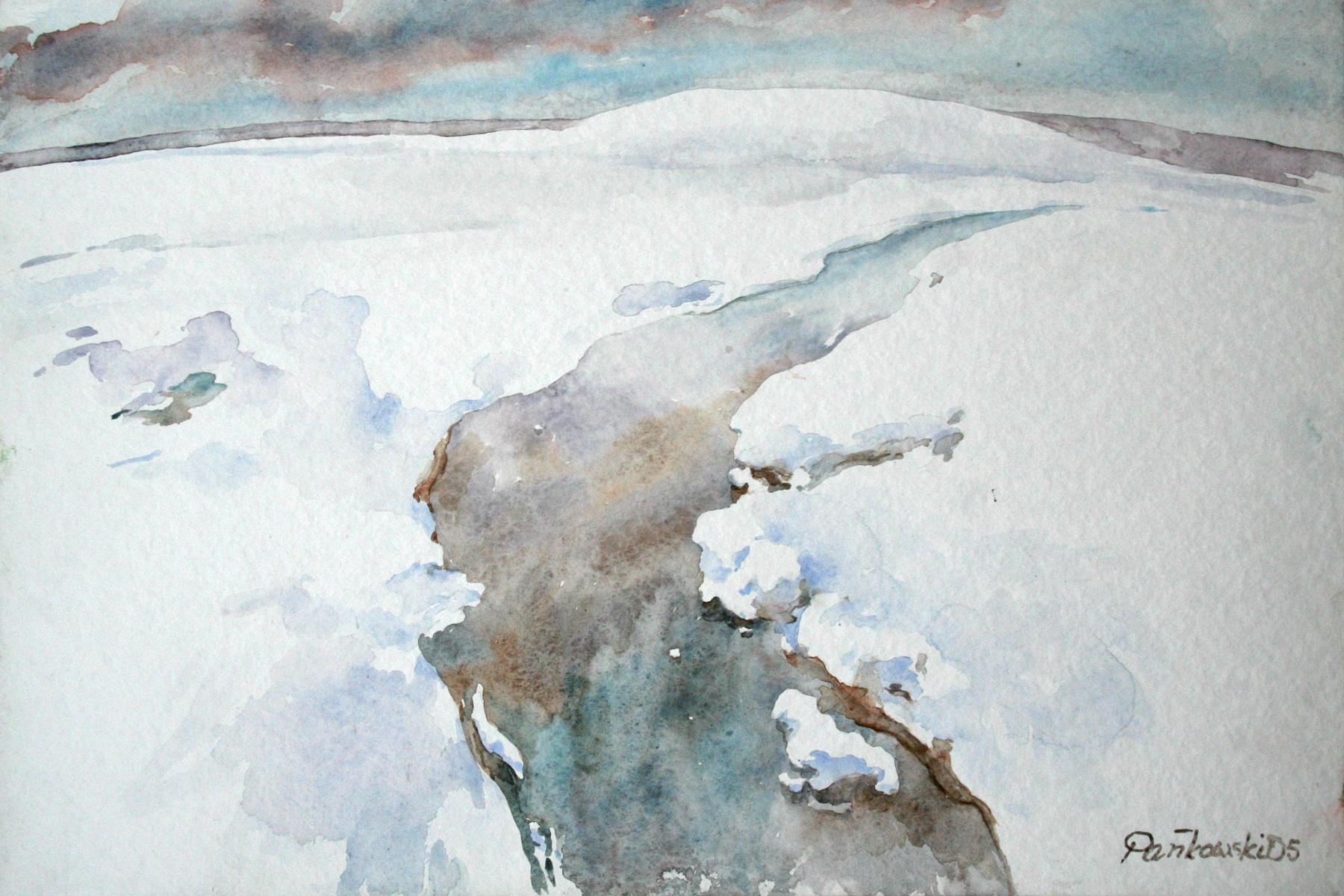 Schnee - Aquarelllandschaft, figürlich, Winter, pastellfarbene Farben, realistisch