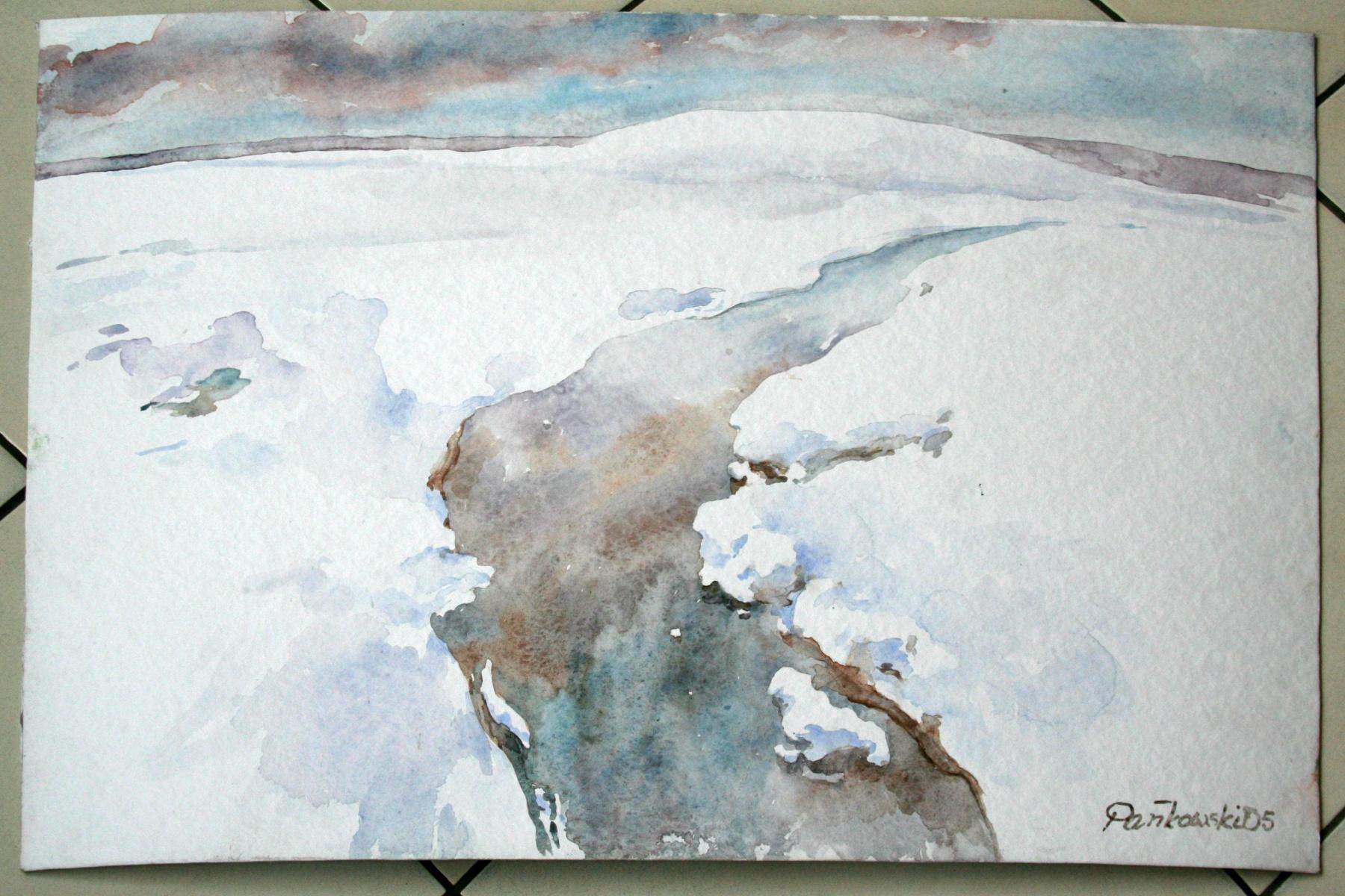 Schnee - Aquarelllandschaft, figürlich, Winter, pastellfarbene Farben, realistisch – Art von Andrzej Pankowski