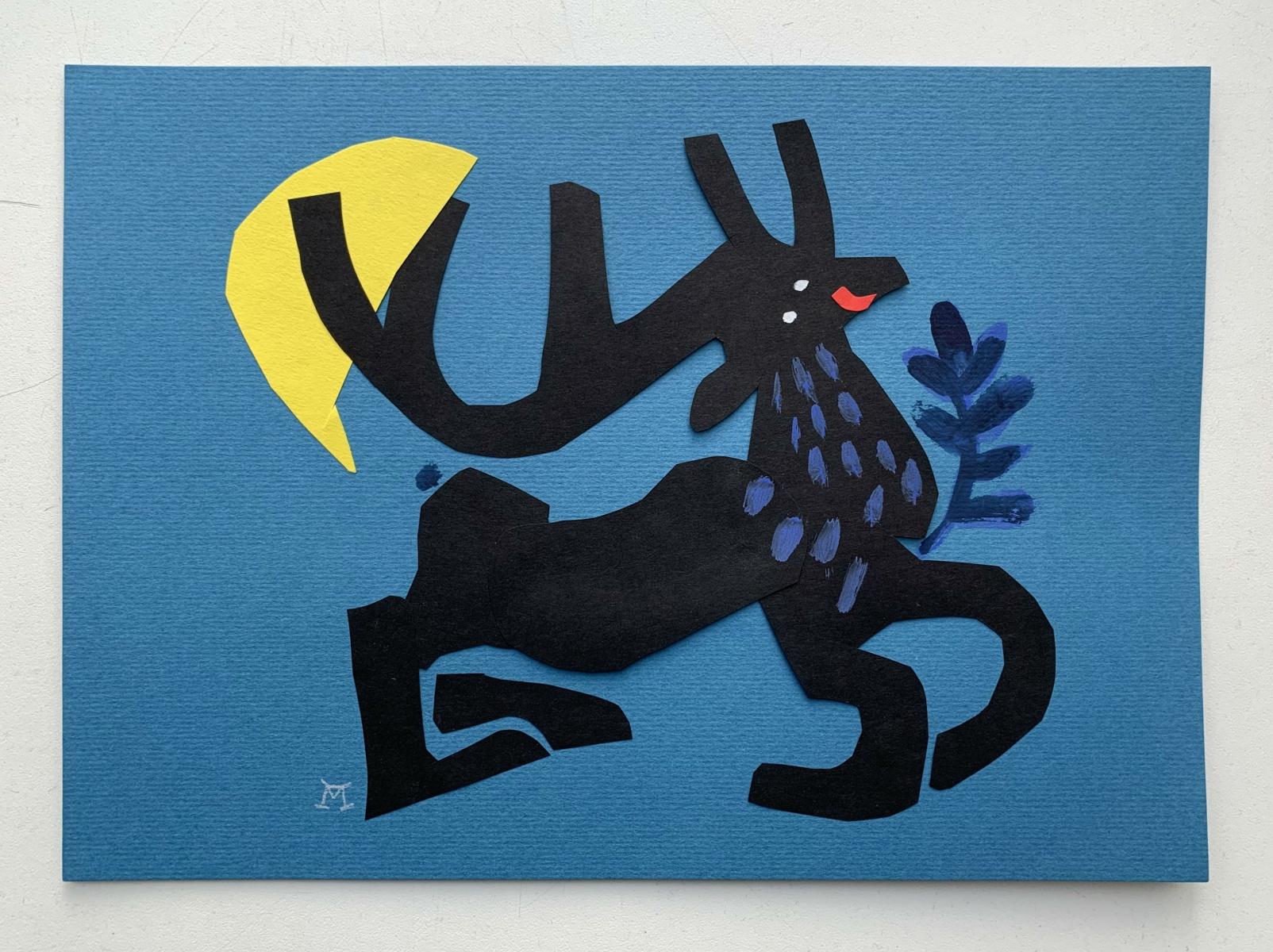 A deer - Papercut & gouache artwork, Colorful Animal, Fairy tale, Figurative - Contemporary Mixed Media Art by Marianna Oklejak