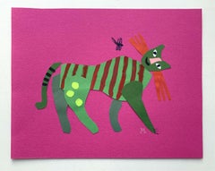 Cat with a dragonfly ( Chat avec un dragon - Œuvre d'art sur papier et gouache, animal coloré, figuratif)