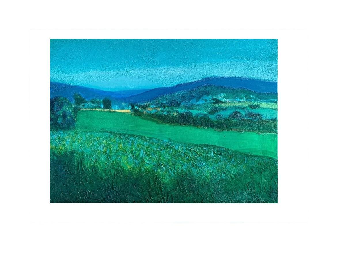 Bogna Jarzemska-Misztalska Figurative Painting - Emerald field - Contemporary oil painting, Vibrant colors, Landscape