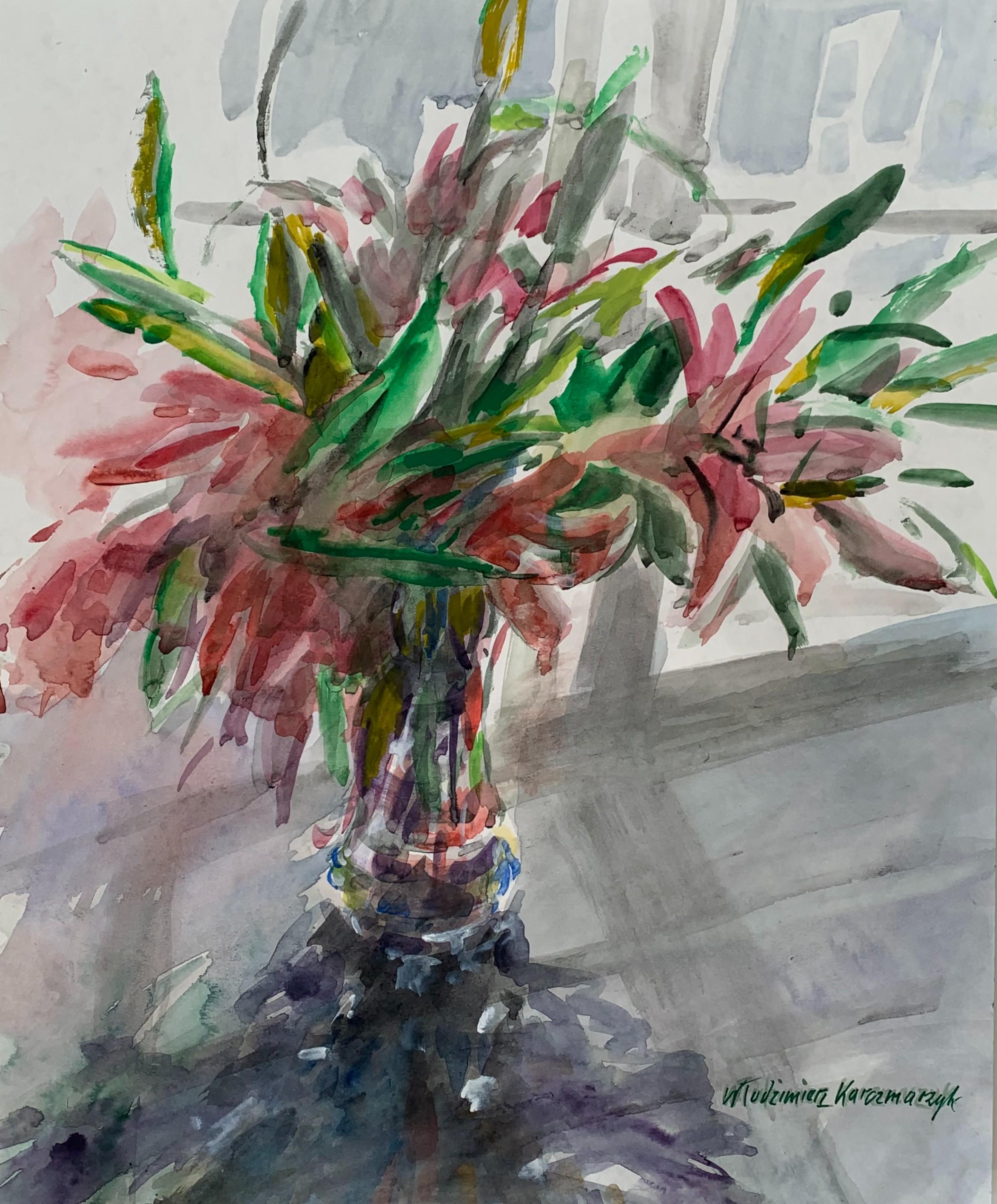 Włodzimierz Karczmarzyk Landscape Art – Lilien - Figuratives Aquarellgemälde des 21. Jahrhunderts, Stillleben, Blumen