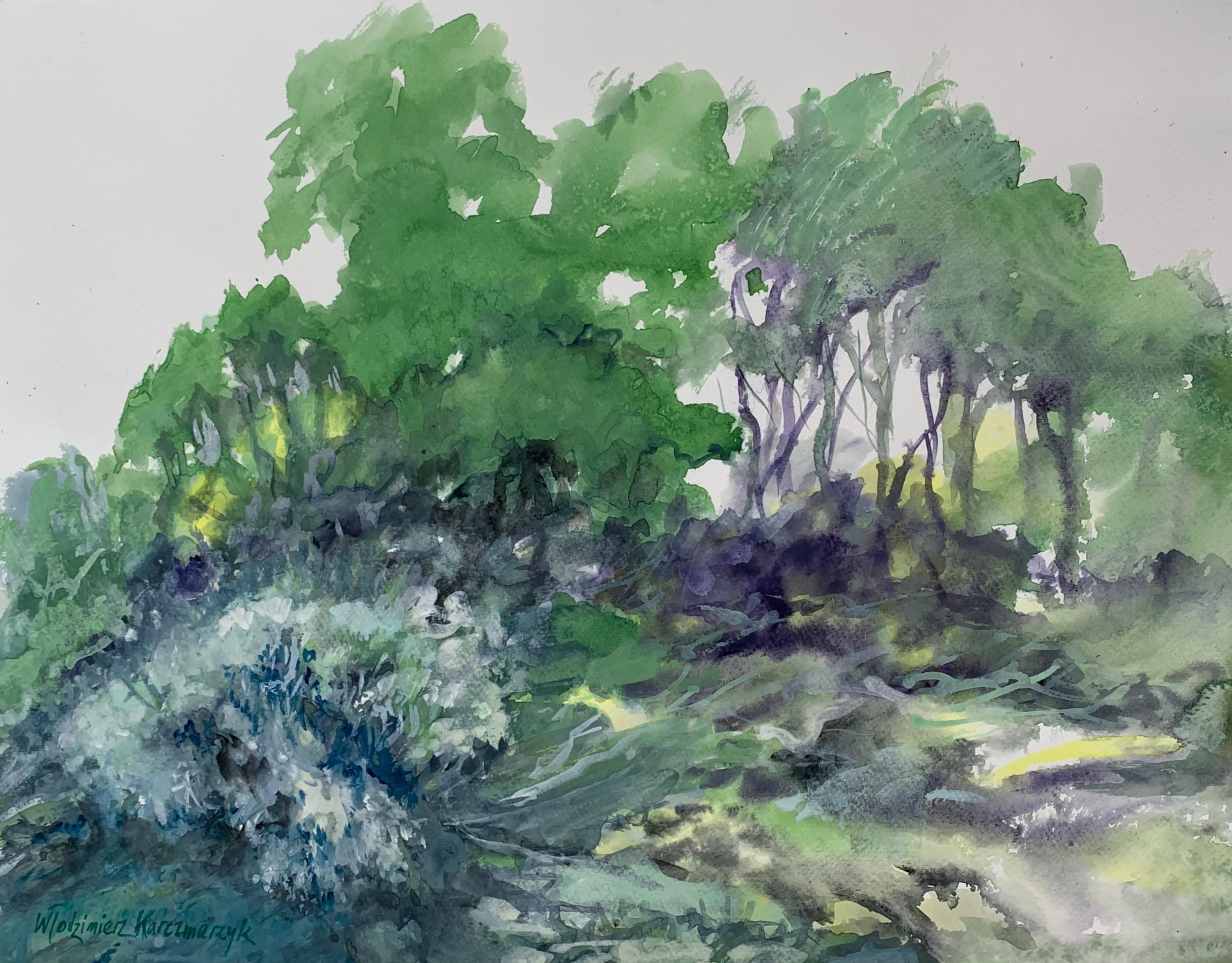 Landscape - 21 century Figurative Watercolor painting, Trees, Green
