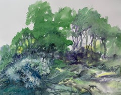 Landscape - 21 century Figurative Watercolor painting, Trees, Green
