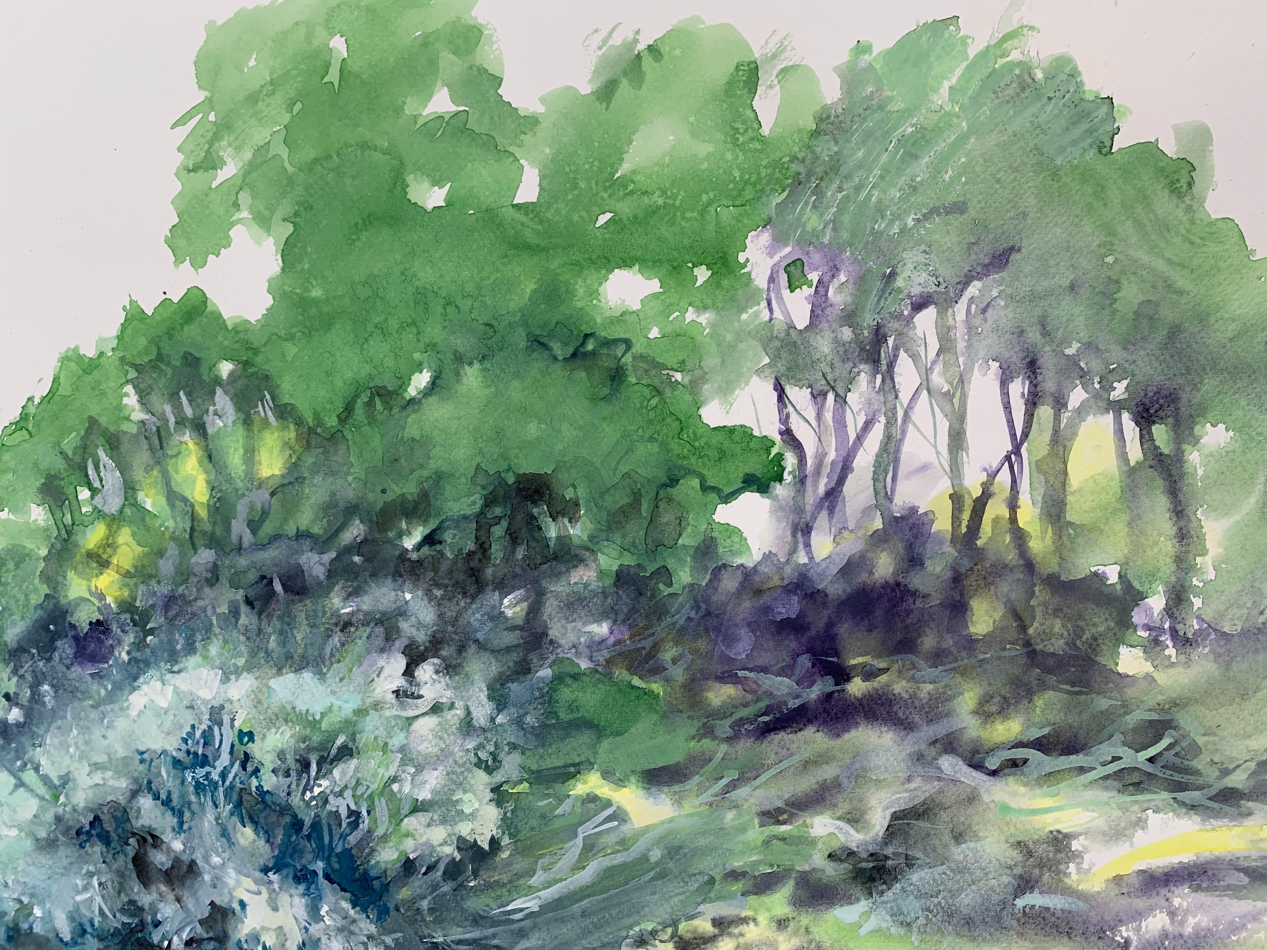 Landscape - 21 century Figurative Watercolor painting, Trees, Green For Sale 1