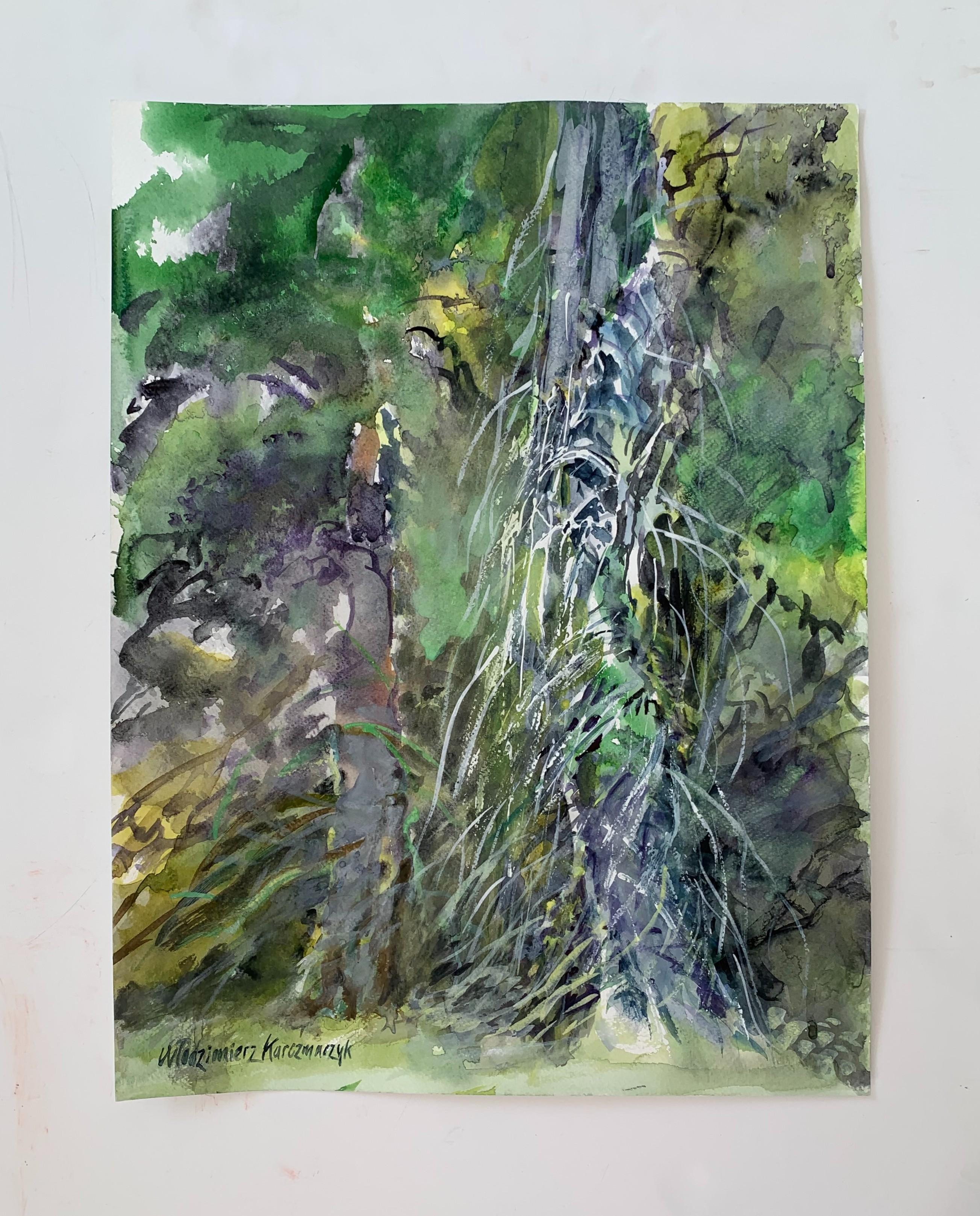 Oliwa, a park - 21 century Figurative Watercolor painting, Trees, Green - Art by Włodzimierz Karczmarzyk