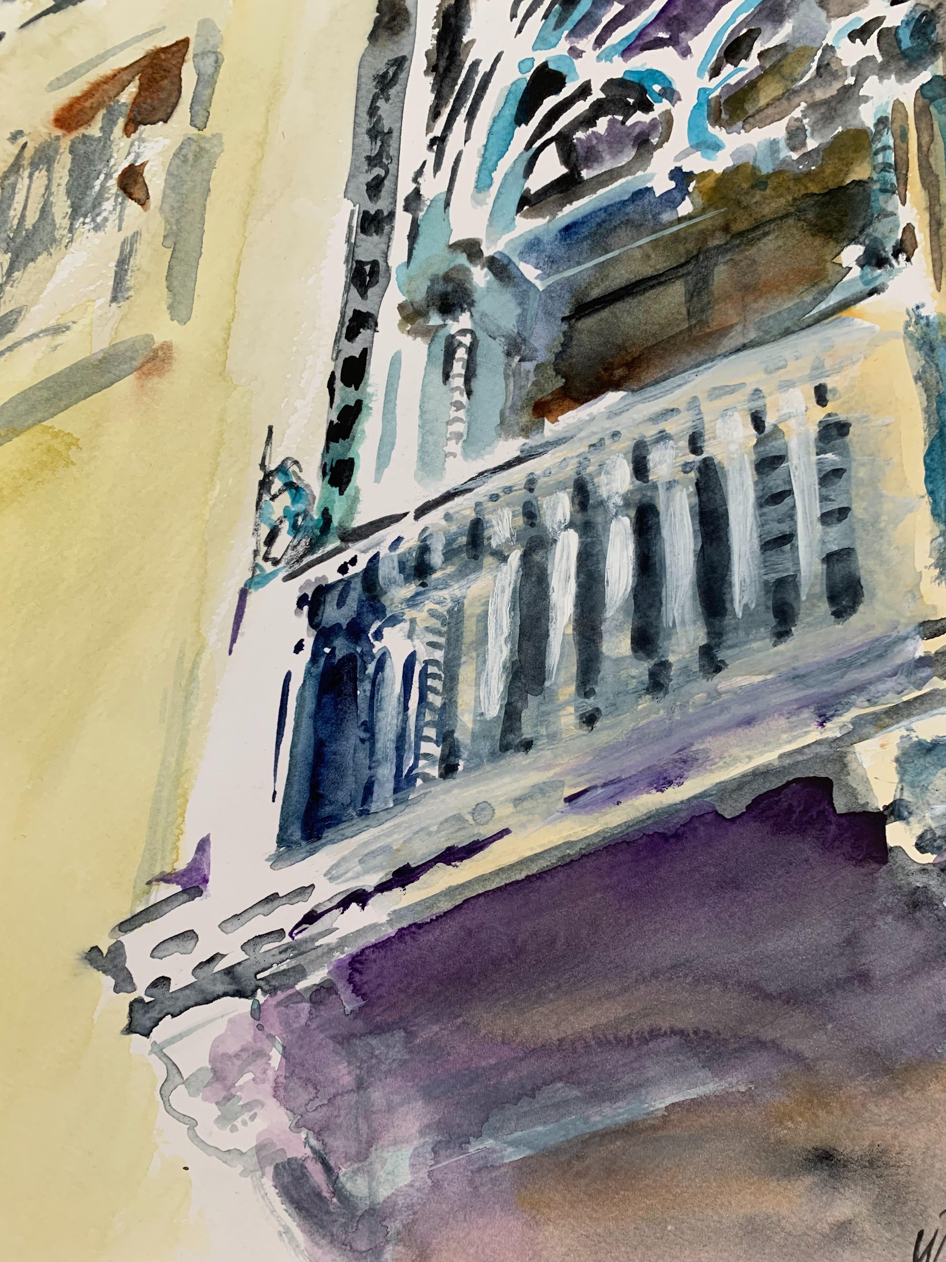 Beauty of Venetian palace - Figurative Watercolor painting, Architecture  For Sale 1