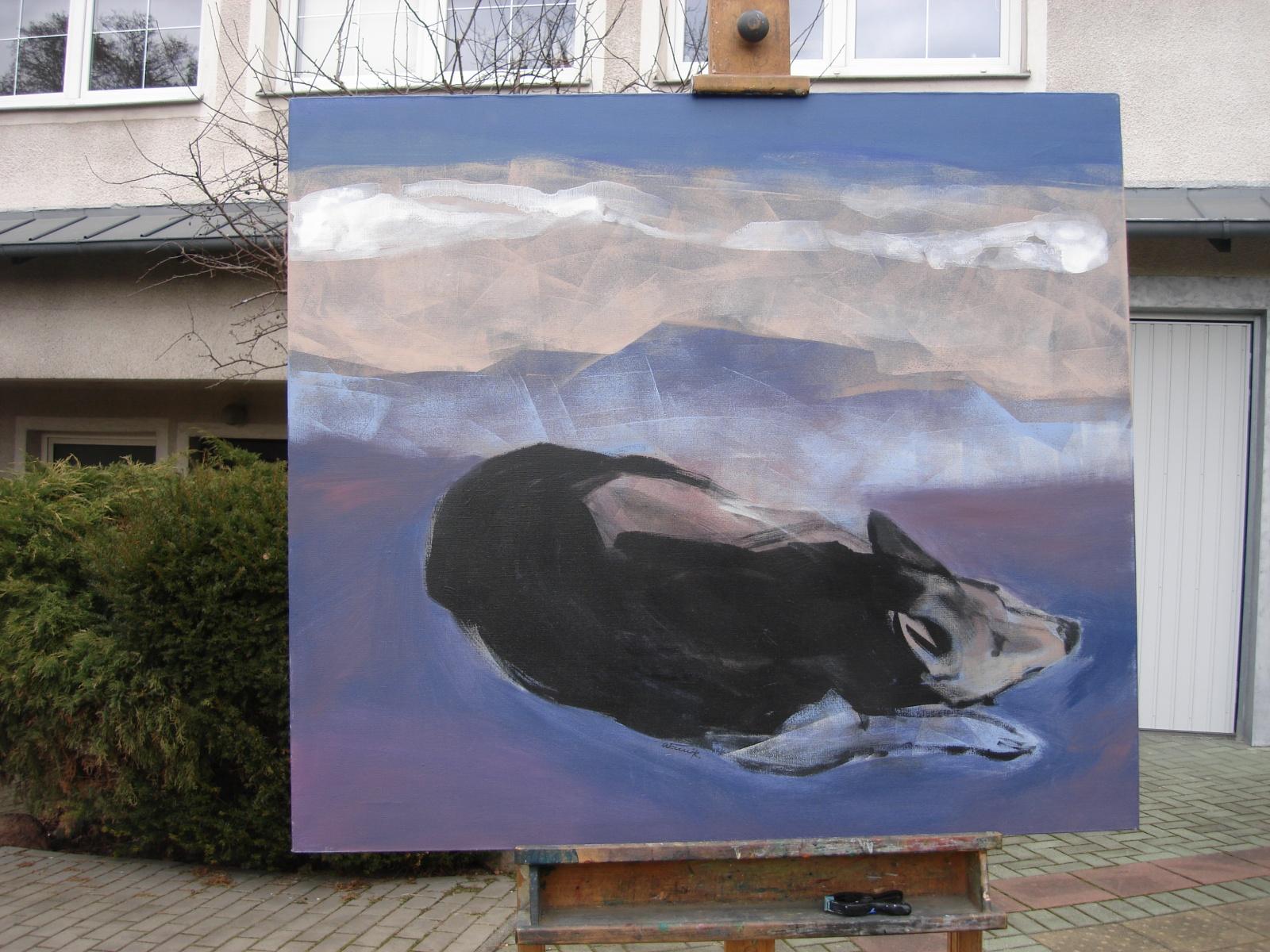 Boogie in Gedanken - Figuratives Acrylgemälde, Hund, Tier, Blau & Lila – Painting von Wlodek Warulik