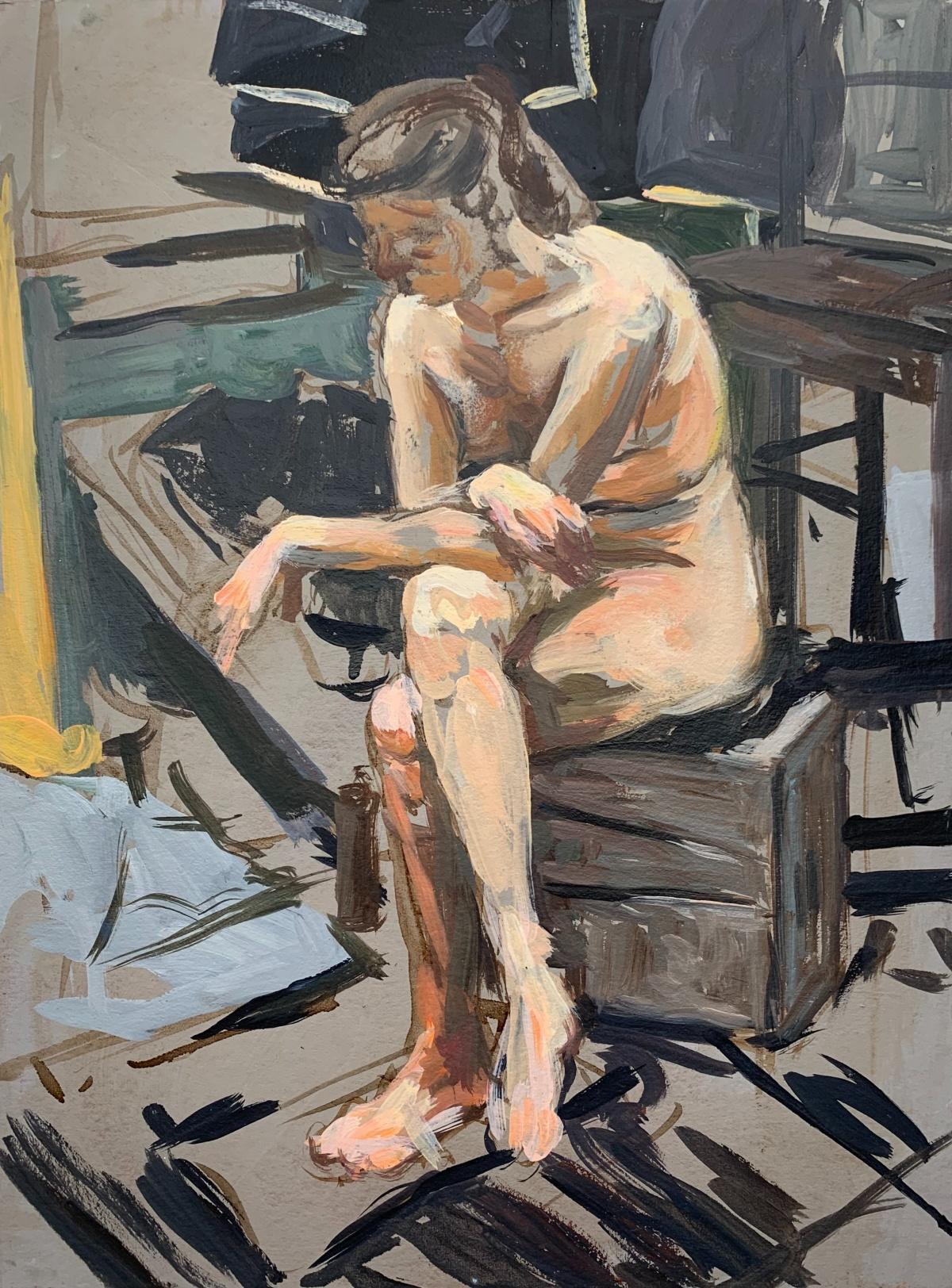 Nu d'homme. Une personne assise -  Peinture à l'huile figurative réaliste - Intérieur, Femme