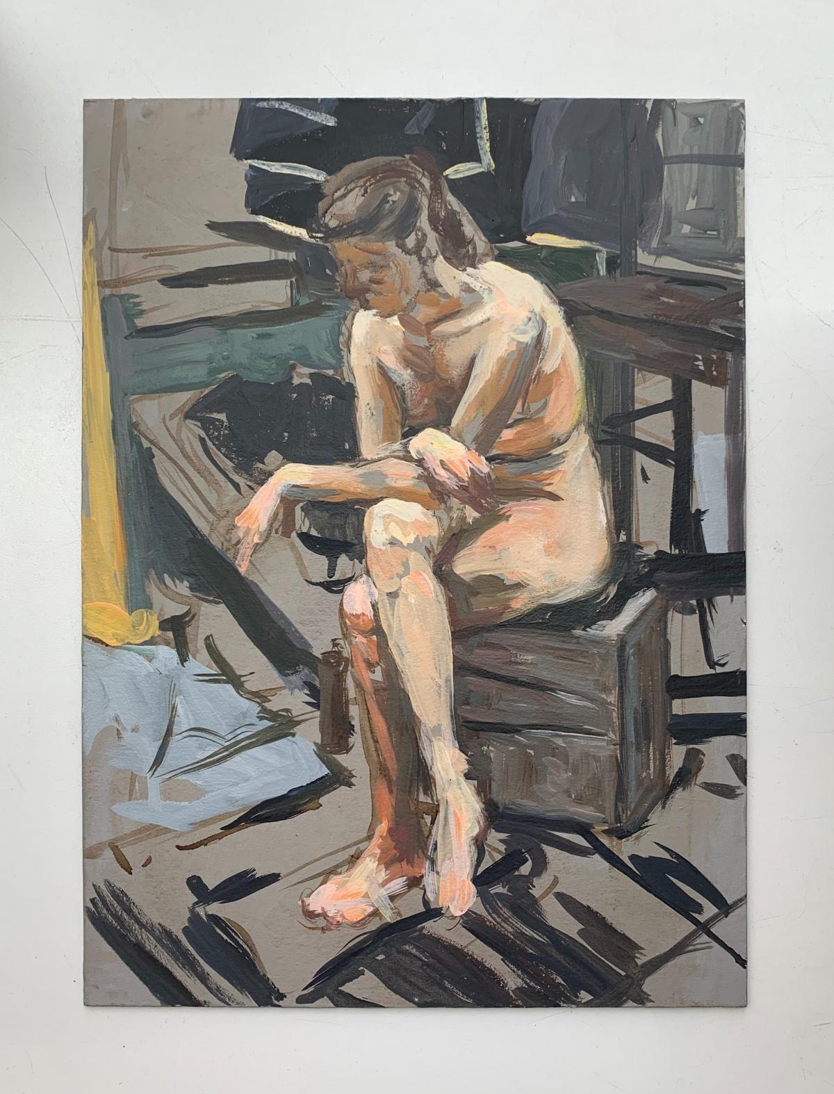 Nude. A sitter -  Figurative Oil Realistic painting, Interior, Female - Painting by Agnieszka Staak-Janczarska