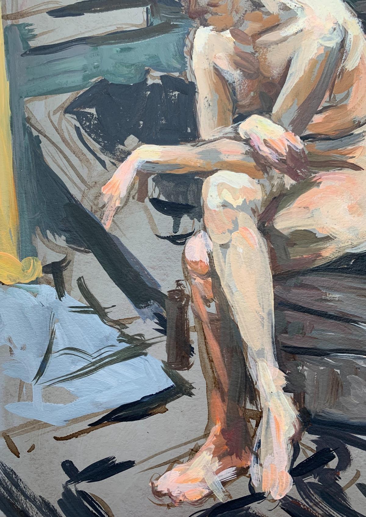 Nude. A sitter -  Figurative Oil Realistic painting, Interior, Female - Gray Still-Life Painting by Agnieszka Staak-Janczarska