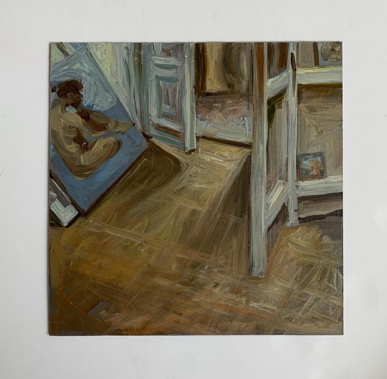 A workshop, a nude  -  Figurative Oil Realistic painting, Interior, Warm tones - Painting by Agnieszka Staak-Janczarska