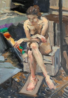 Nude. A sitting one  -  Figurative Oil Realistic painting, Interior, Warm tones