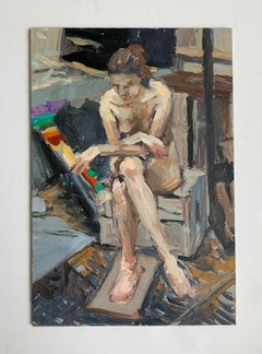Nude. A sitting one  -  Figurative Oil Realistic painting, Interior, Warm tones