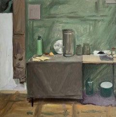 Still life with green - Figurative Oil Realistic painting Young artist, Interior