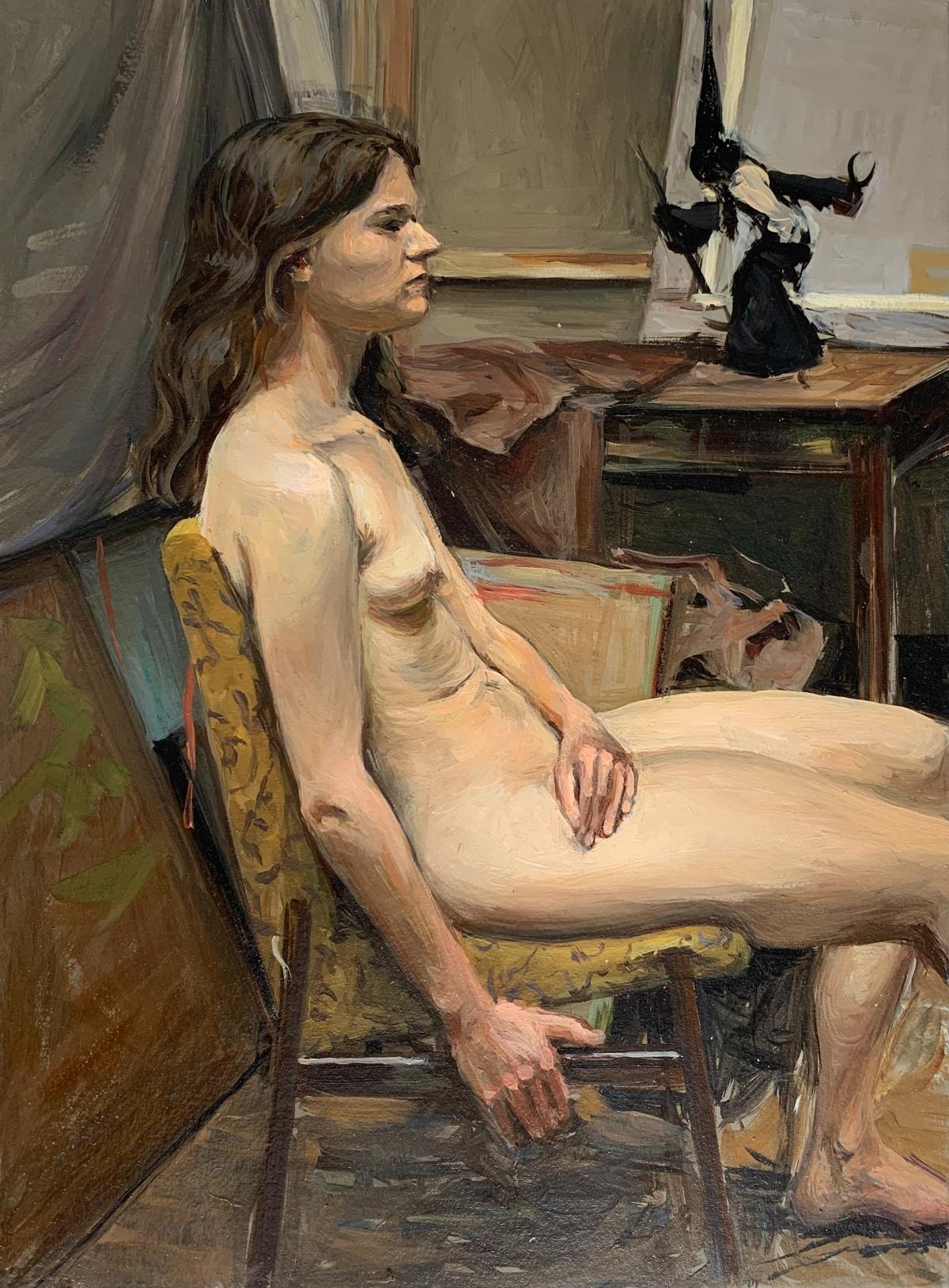 Une artiste assise - Peinture à l'huile réaliste, jeune artiste, nu féminin