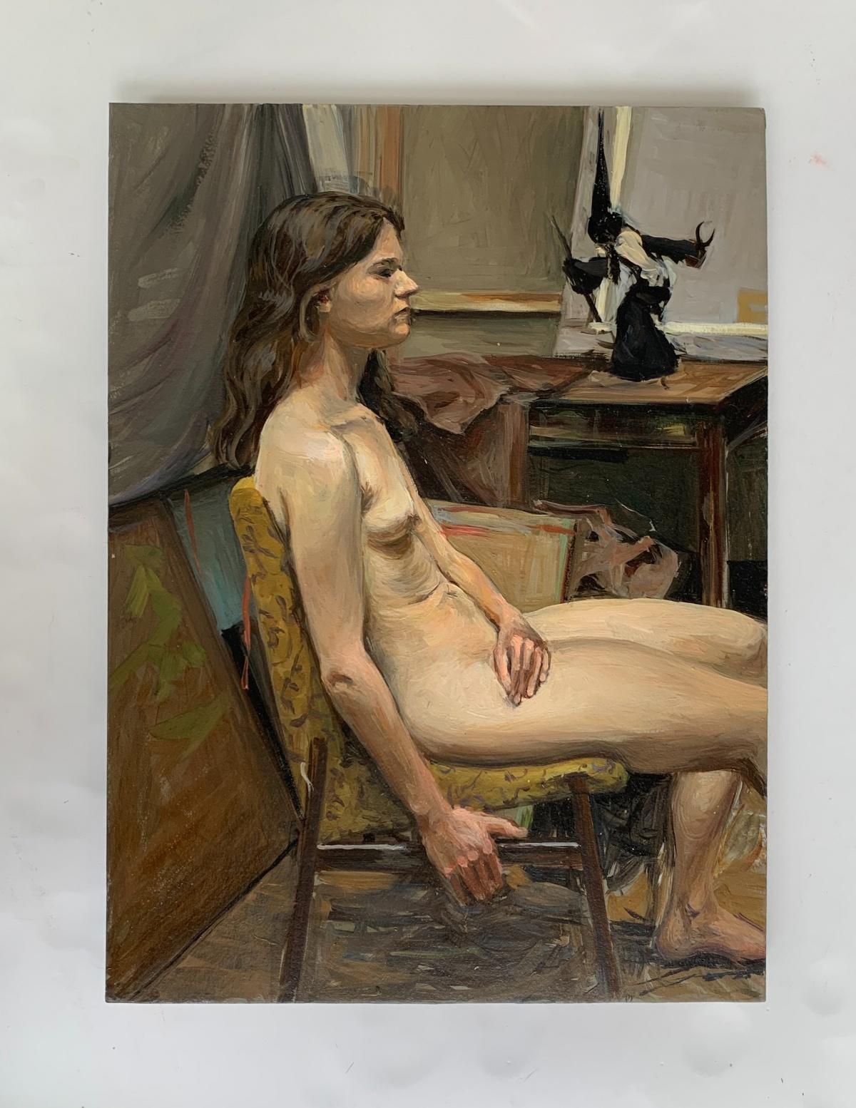 A sitting one - Figurative Oil Realistic painting, Young artist, Female nude - Painting by Agnieszka Staak-Janczarska