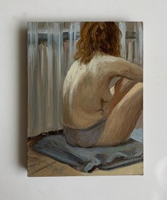 Figuratives Ölgemälde Realistisches Gemälde einer sitzenden Künstlerin, Junge Künstlerin, weiblicher Akt
