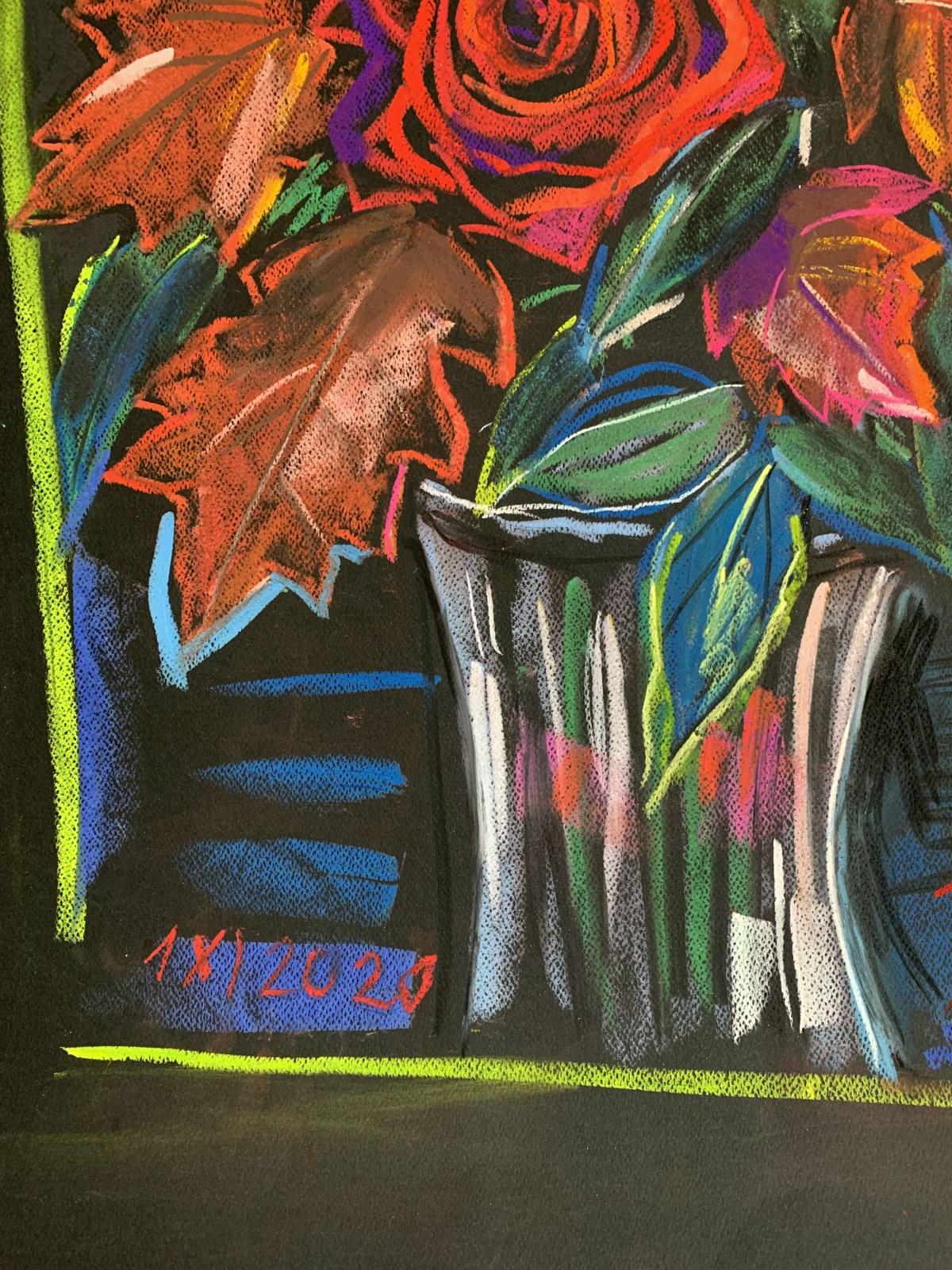 Flowers Antivirus - Drawing figuratif Pastel, Colorgul, Vibrant, Nature morte - Noir Figurative Art par Hanna Bakuła