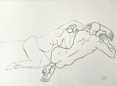 Vintage Laying ones - Minimalistic pencil drawing on paper, Couple, Nude, Black & white