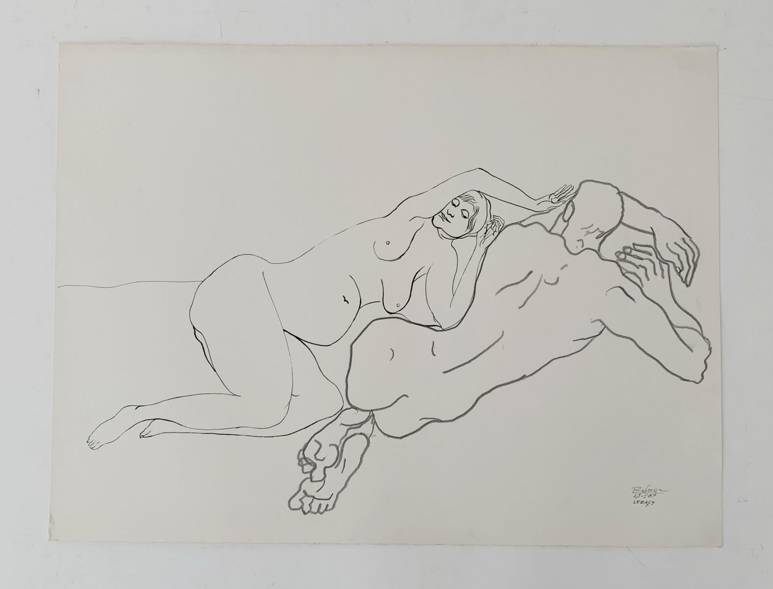 Les allongés - dessin minimaliste au crayon sur papier, deux nus, noirs et blancs - Art de Leszek Rózga