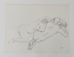 Laying ones - Minimalistic pencil drawing on paper, Couple, Nude, Black & white