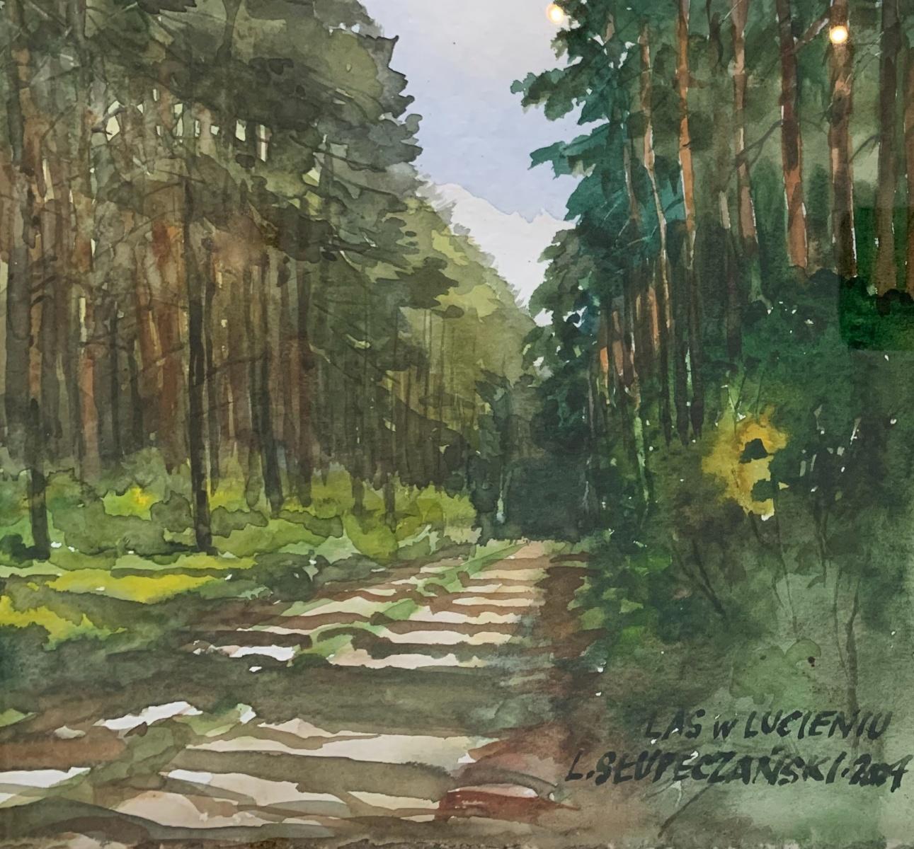 Forest in Lucien - Contemporary Watercolor Painting, Sunny landscape, Realistic  - Art by Ludomir Slupeczanski